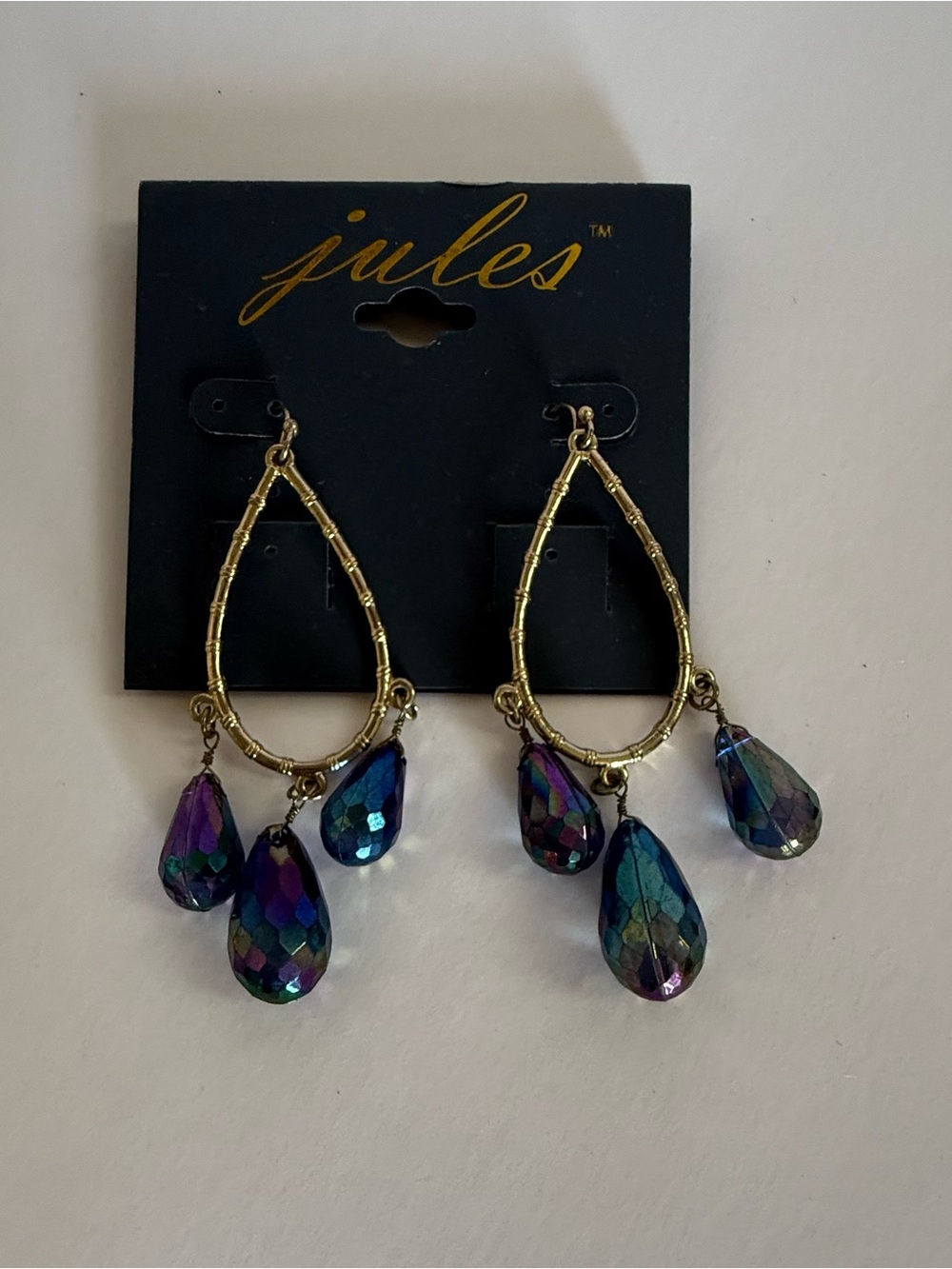 Vintage Jules Gold Teardrop Earrings with Iridescent Blue and Purple Drops.